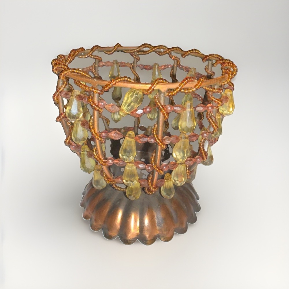 Beaded Acrylic Copper Wire Tea Light Candle Holder 3 in Tall